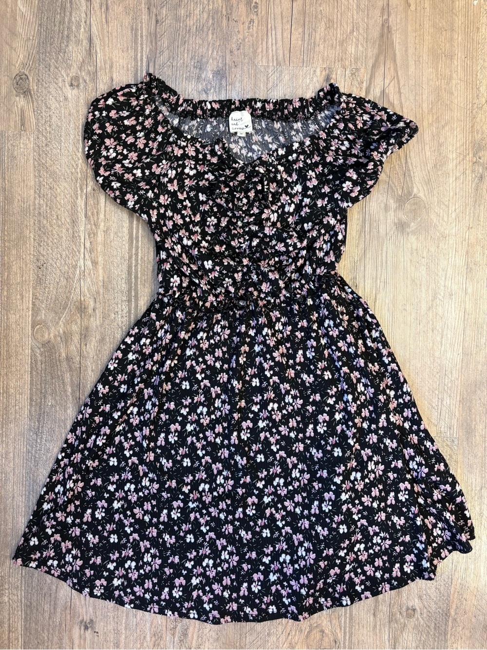 Girls' Black Floral Casual Dress with Pink Accent